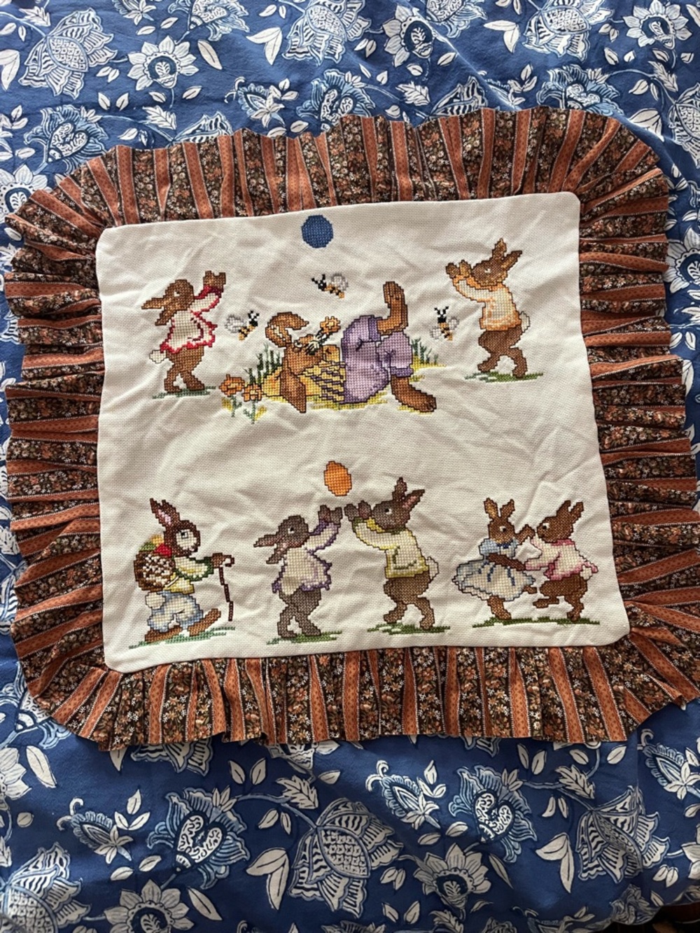 Vintage Handmade Chinz Ruffle PIllow Bunny Rabbit Cross Stitch Panel